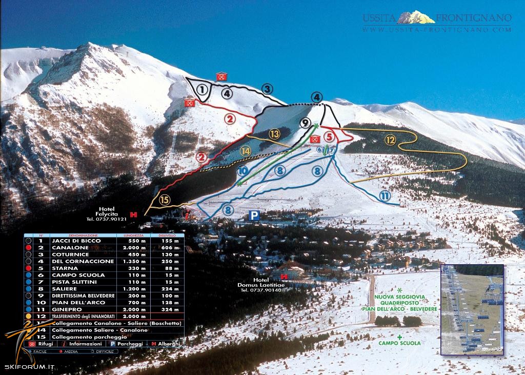 mappa impianti e piste comprensorio Ussita Frontignano - Monti Sibillini