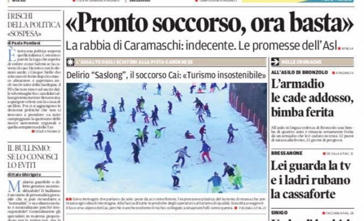 Prima pagina quotidiano "Alto Adige" del 21-02-19