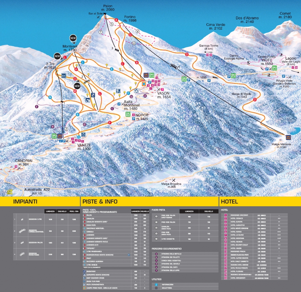 Cartina e mappa delle piste di Monte Bondone