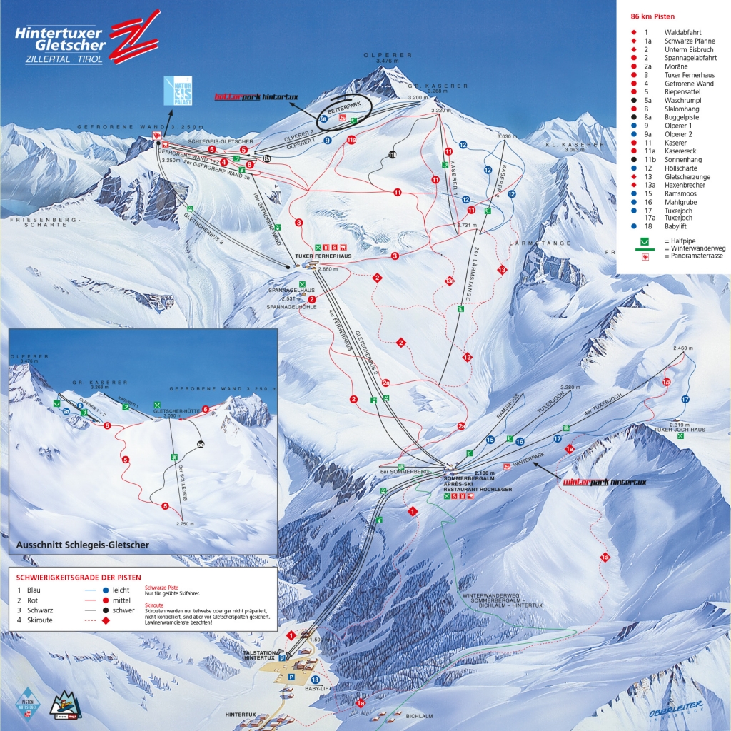 Cartina e mappa delle piste di Hintertuxer Gletscher