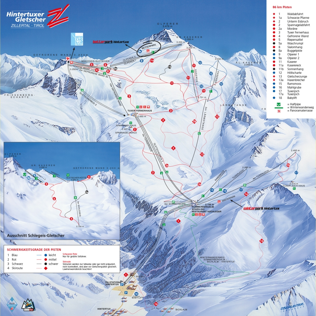Cartina e mappa delle piste di Zillertal - Hintertux