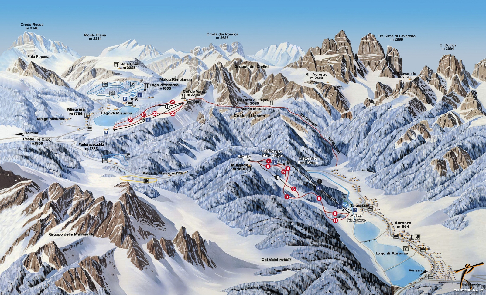 mappa impianti e piste comprensorio Auronzo - Misurina