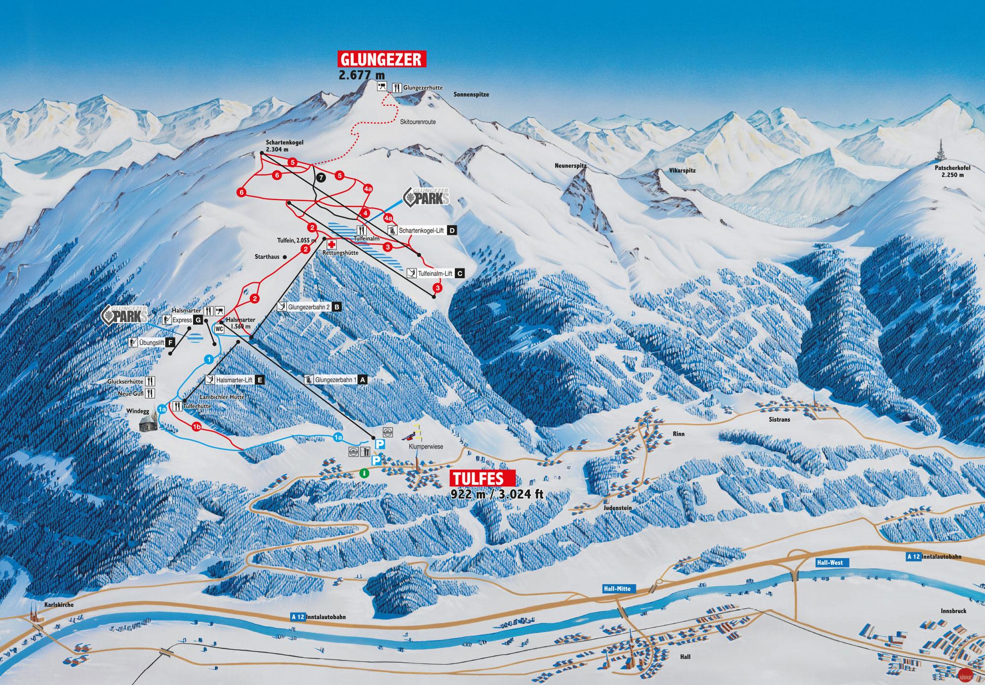 Piccole località estere (solo Alpi) - Skimap Glungezer skiarea - Skimaps