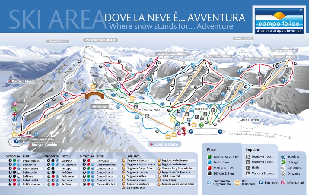 mappa impianti e piste comprensorio Campo Felice - Rocca di Cambio