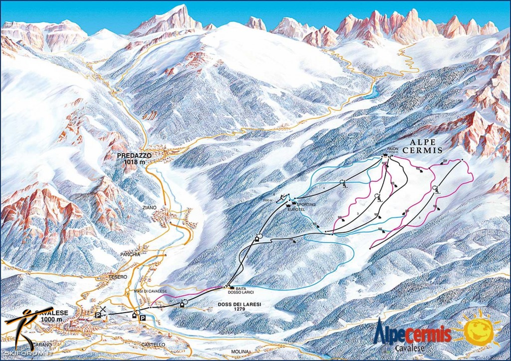 mappa impianti e piste comprensorio Alpe Cermis - Cavalese