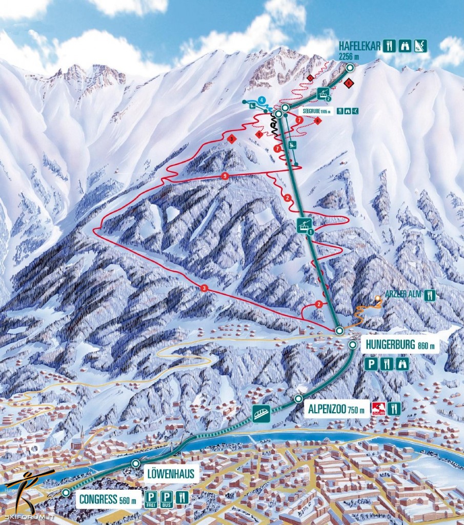 mappa impianti e piste comprensorio Nordkette Innsbruck - Nordpark