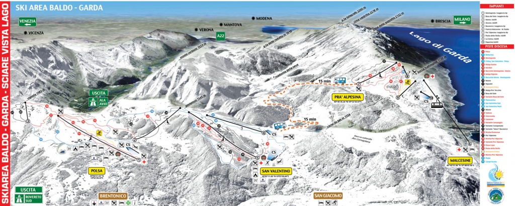 mappa impianti e piste comprensorio Malcesine - Monte Baldo - Pra Alpesina