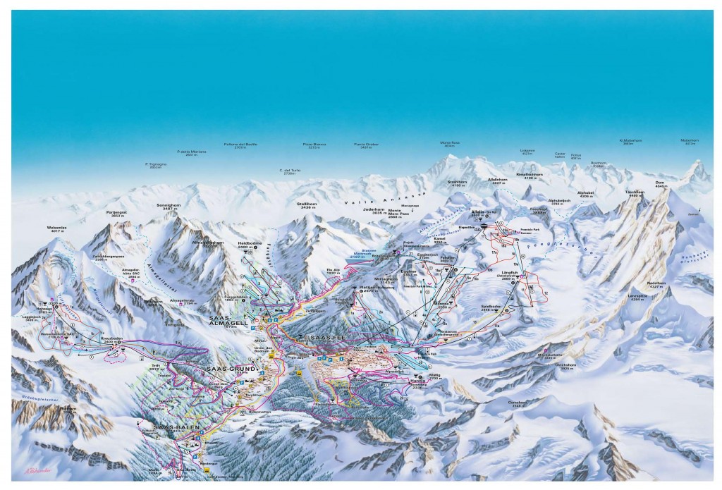 mappa impianti e piste comprensorio Saas Fee
