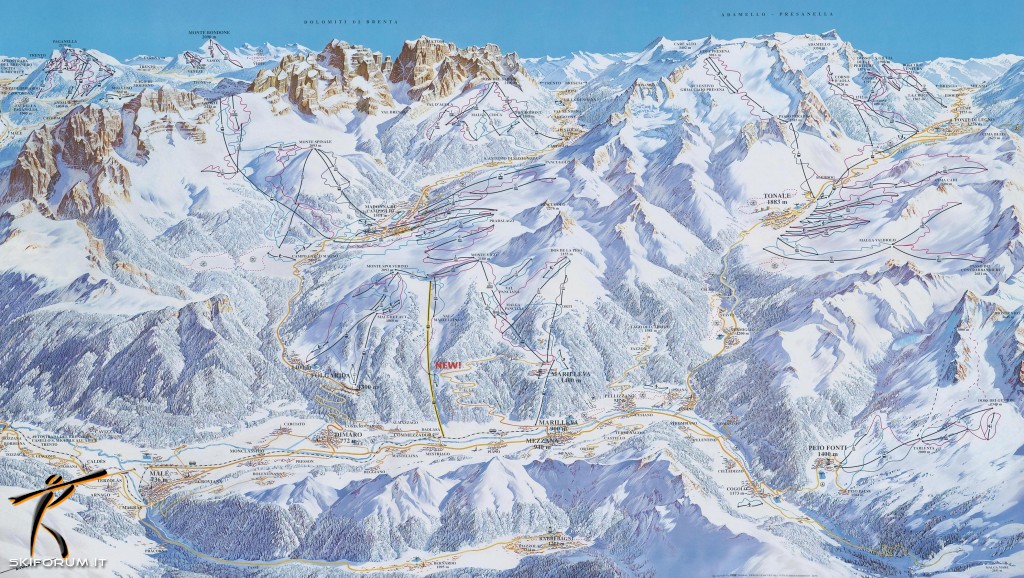 mappa impianti e piste comprensorio Skirama Dolomiti