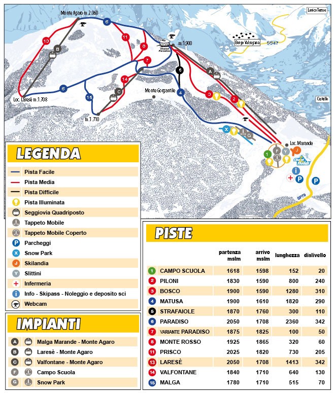 mappa impianti e piste comprensorio Ski Lagorai - Passo Brocon - Valsugana
