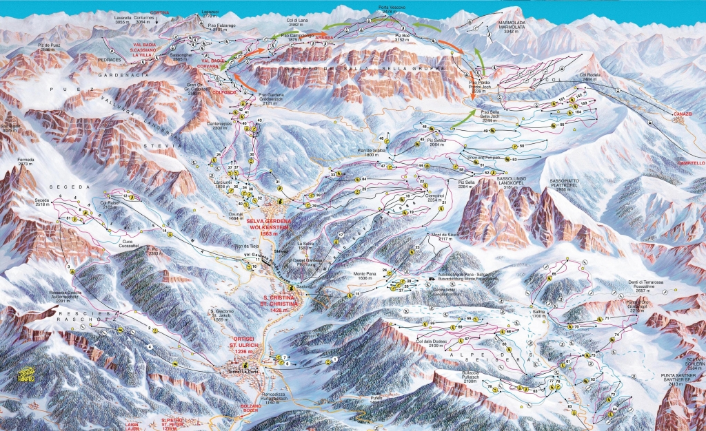 mappa impianti e piste comprensorio Selva Val Gardena - Plan de Gralba
