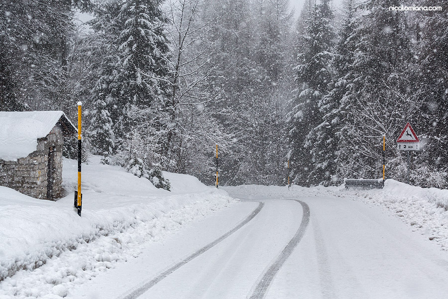 Una strada durante una nevicata